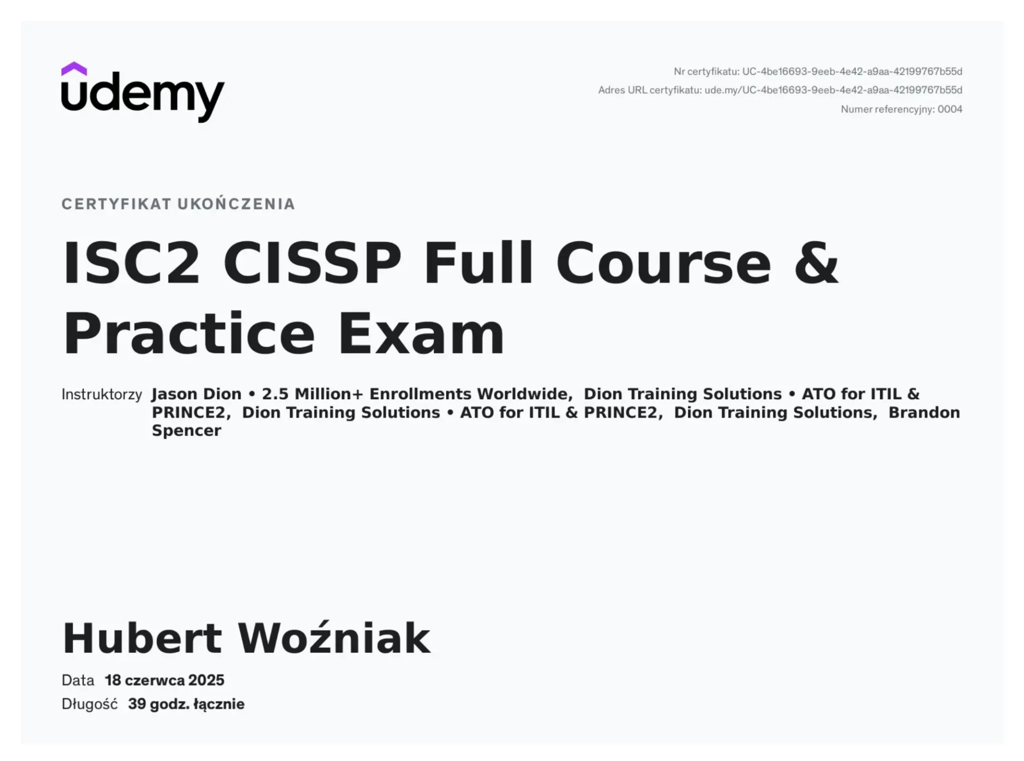 ISC2 CISSP Certificate
